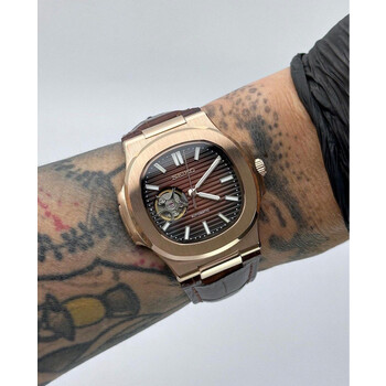 Custom Seiko Mod • Rose Gold Brown Open Heart Nautilus on Leather • 40mm
